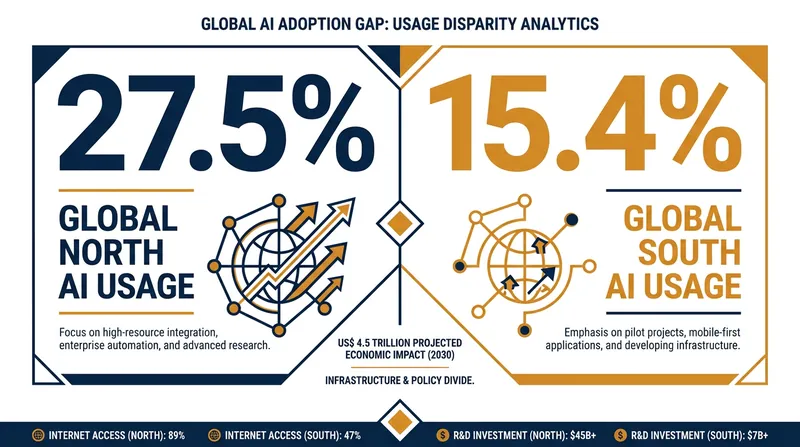 While global AI adoption reached 17.8% in early 2026, a significant gap remains between the Global North and South.