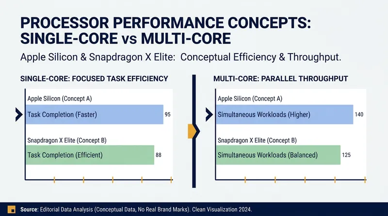 Apple dominates single-core tasks, while Snapdragon's 12 cores make it highly competitive in multi-threaded workloads.