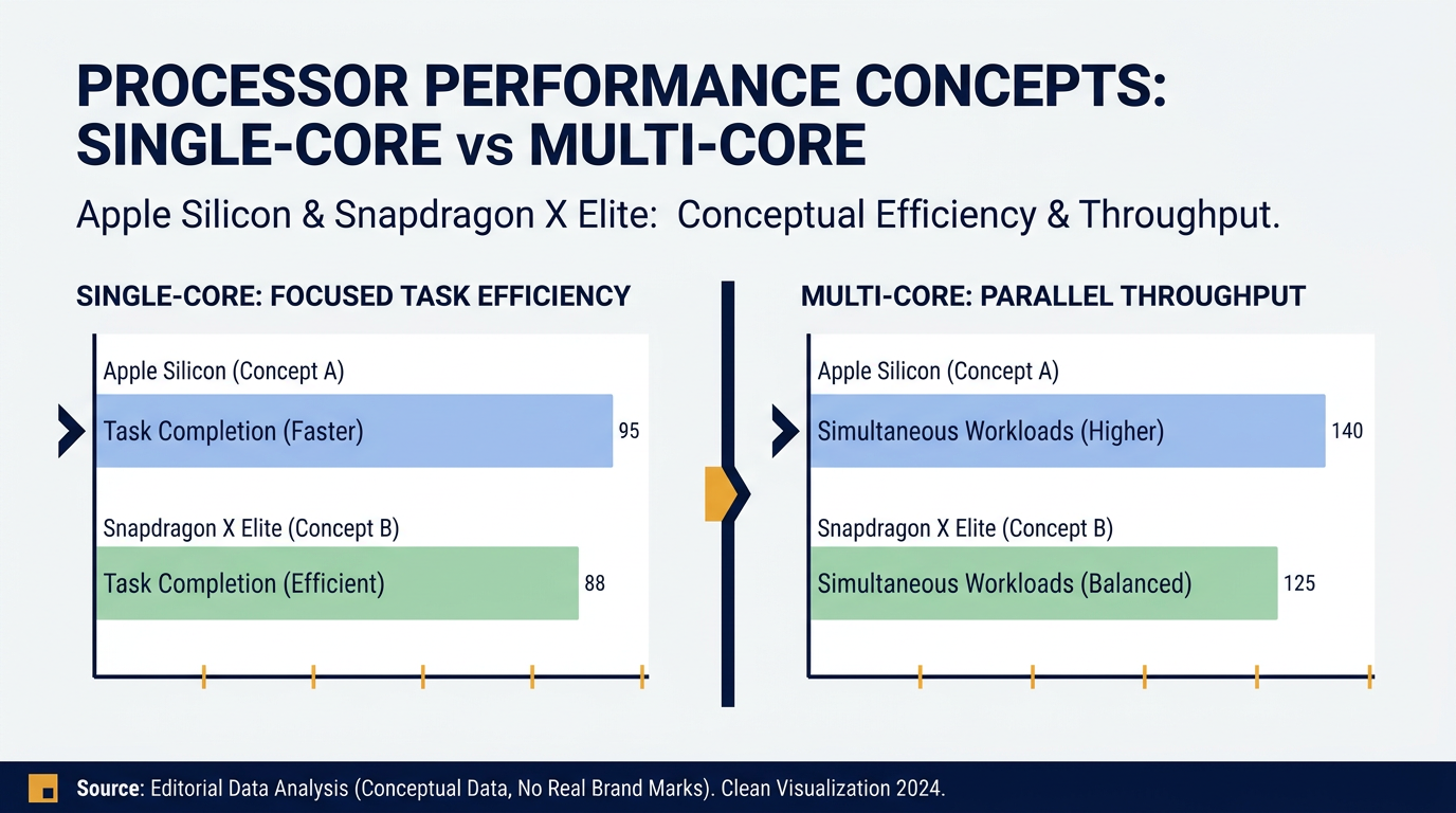 Apple dominates single-core tasks, while Snapdragon's 12 cores make it highly competitive in multi-threaded workloads.