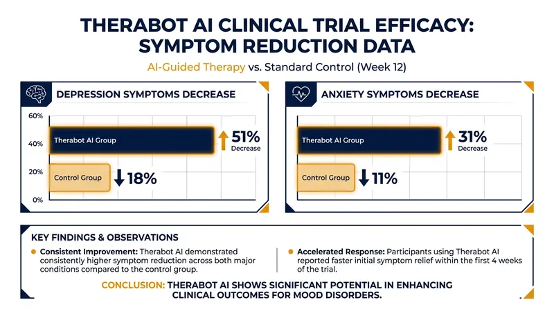 Clinical trials demonstrate that purpose-built AI can significantly reduce symptoms of depression and anxiety.