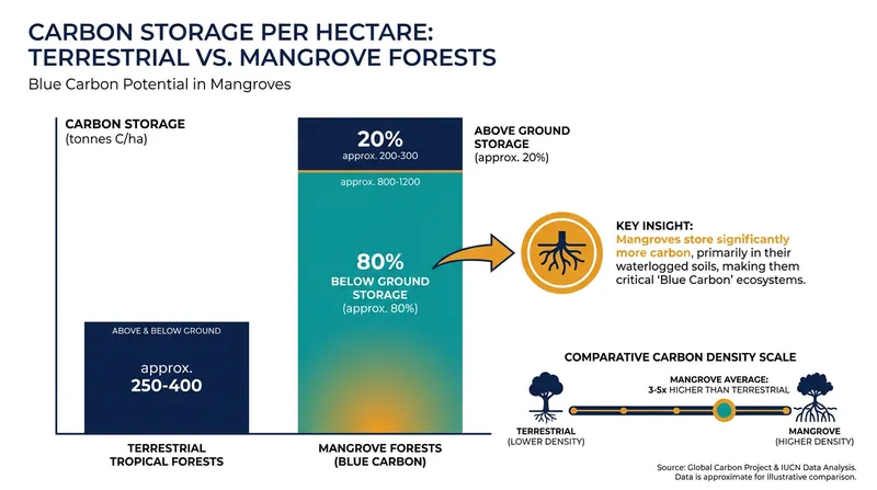 Mangroves store up to five times more carbon per hectare than terrestrial forests, primarily below ground.