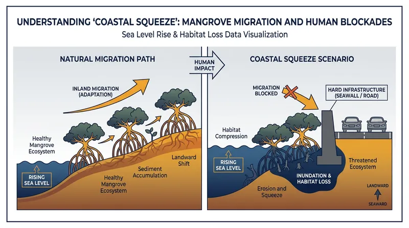 Coastal squeeze occurs when rising seas push mangroves inland, but human infrastructure blocks their retreat.