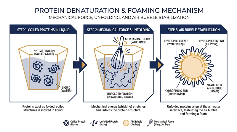 Mechanical force causes plant proteins to unfold and trap air, while starches thicken the bubble walls to prevent collapse.