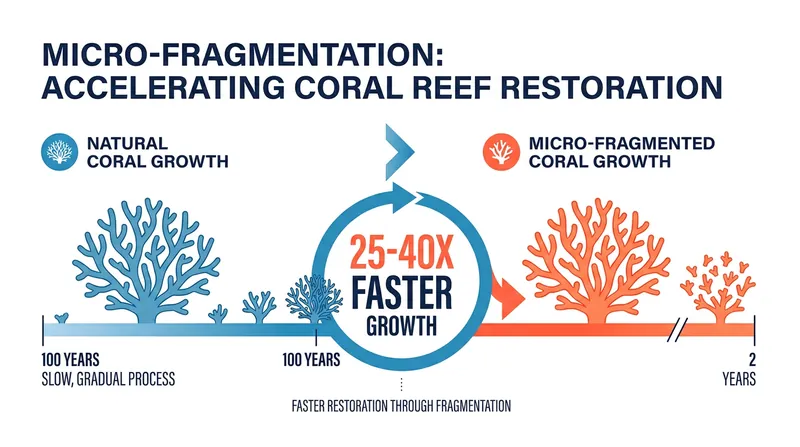 Micro-fragmentation triggers a rapid healing response, allowing corals to grow decades faster than they would in the wild.