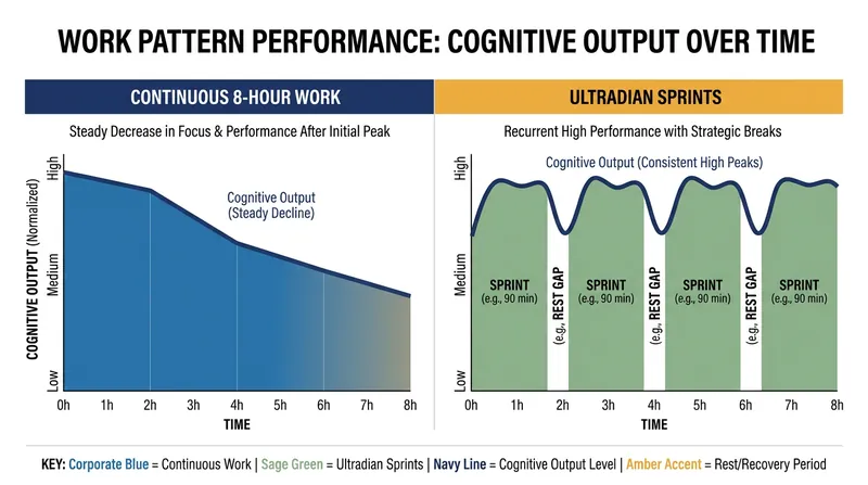 Working in rhythmic sprints sustains higher overall cognitive output compared to continuous effort.