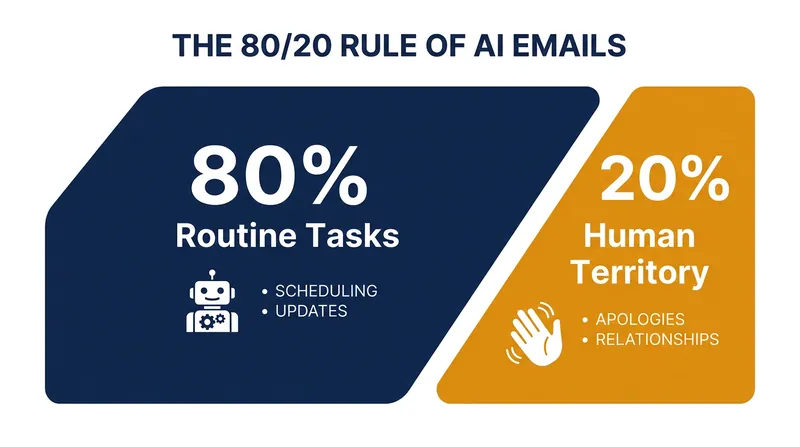 Workplace strategists recommend delegating routine logistics to AI while reserving relationship-building messages for human drafting.