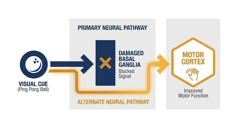 The approaching ball acts as an external visual cue, allowing patients to bypass damaged neural pathways to initiate movement.