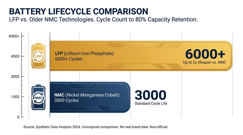 The transition to LFP chemistry has effectively doubled the expected lifespan of residential battery systems.