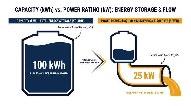 Understanding the difference between capacity (the fuel tank) and power rating (the engine) is crucial for sizing a system.