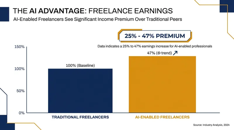 AI-enabled freelancers report significantly higher earnings by decoupling their income from hourly billing.