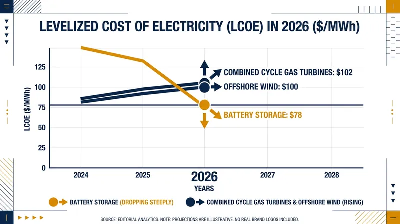 While wind, solar, and natural gas costs rose in early 2026, battery storage saw a steep 27% decline.