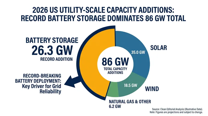 The U.S. expects to add an unprecedented 26.3 gigawatts of battery storage to the grid in 2026.