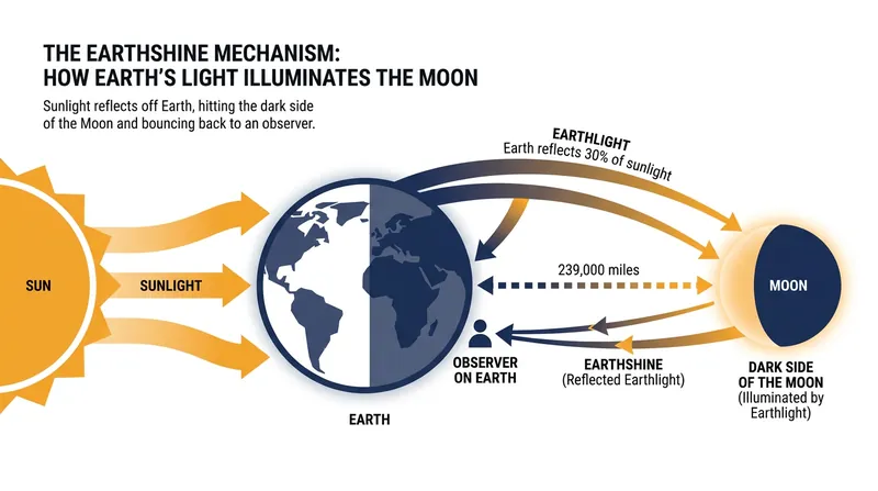 The 500,000-mile round trip: Sunlight bounces off Earth, travels to the Moon, and reflects back to our eyes.