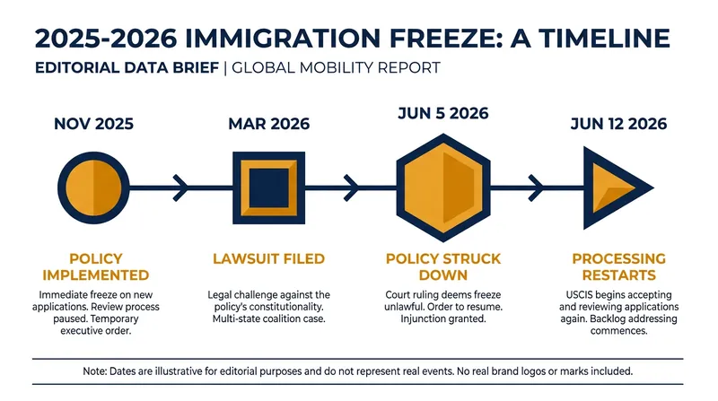 Timeline of the Trump administration's 39-country immigration processing freeze and subsequent legal battle.