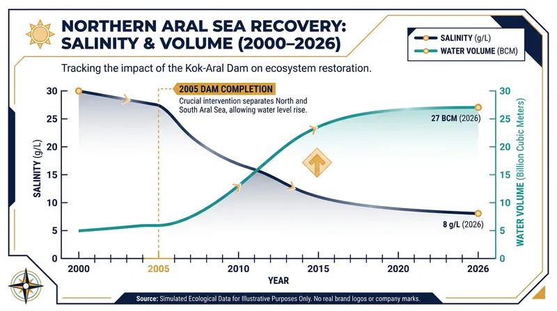 The completion of the Kokaral Dam in 2005 triggered a sharp drop in salinity and a steady rise in water volume.