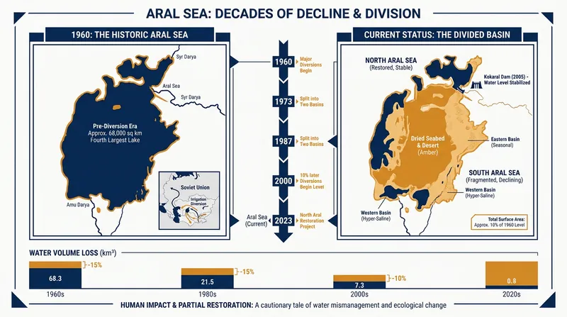 The Aral Sea's footprint has drastically changed since the 1960s, splitting into a recovering northern basin and a dry southern desert.