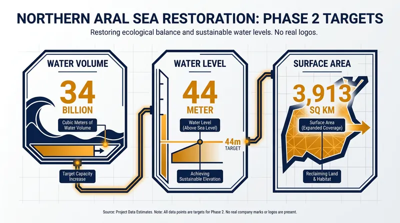 Kazakhstan's Phase 2 restoration targets aim to further expand the sea's volume and surface area by 2030.
