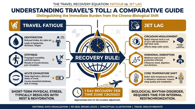 While travel fatigue can be resolved quickly, jet lag requires significant time for the body's circadian rhythm to resynchronize.