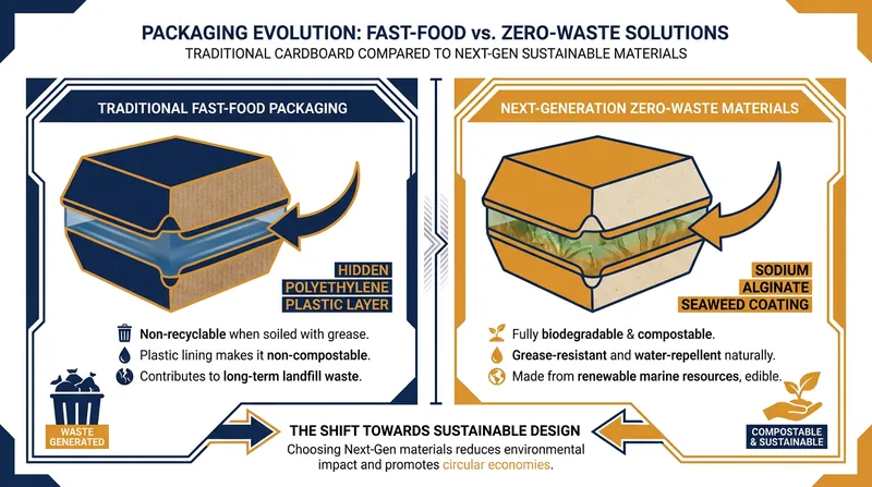 How natural seaweed extracts are replacing the unrecyclable plastic liners used to grease-proof fast-food trays.