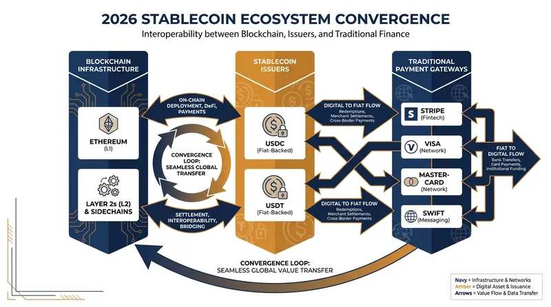 The modern payment stack relies on a convergence of decentralized blockchains and traditional financial gateways.