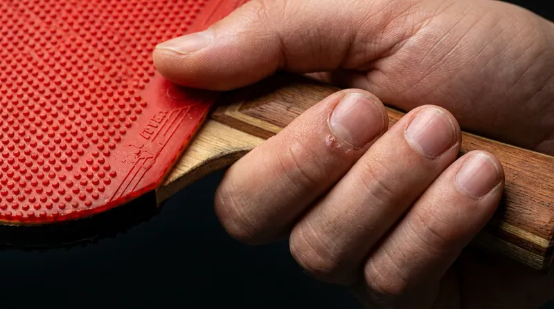 By curling his fingers tightly against the handle, Lebrun creates a massive, unobstructed sweet spot for his reverse backhand.