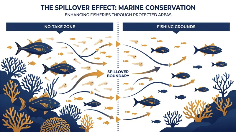 The spillover effect occurs when protected marine populations grow large enough to migrate outward, replenishing adjacent fishing grounds.