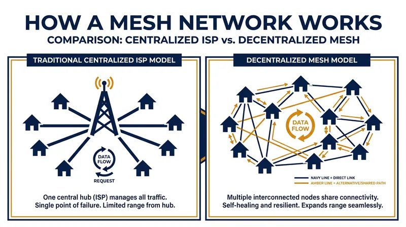 Unlike traditional centralized networks, mesh networks route traffic dynamically between neighborhood nodes.