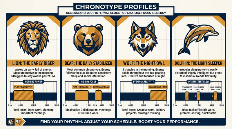 The four primary chronotypes dictate when individuals experience their highest levels of cognitive focus.