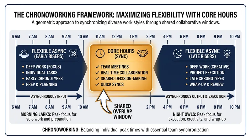 Core hours ensure teams can collaborate synchronously while maintaining flexibility for the rest of the day.