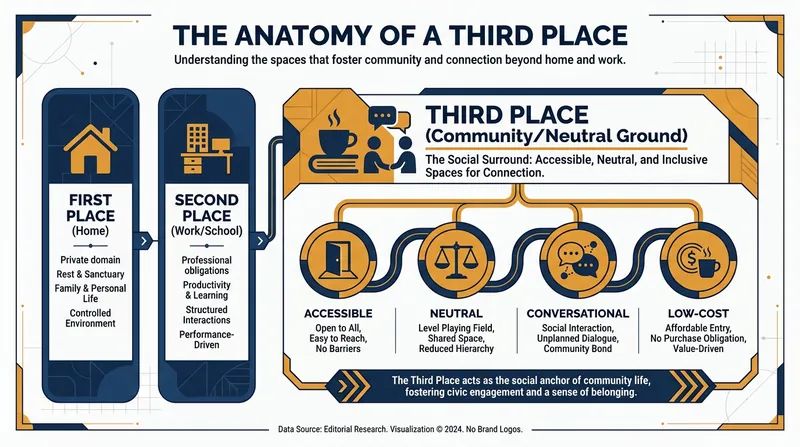 Sociologist Ray Oldenburg's framework defines the essential spaces that exist outside of domestic and professional obligations.