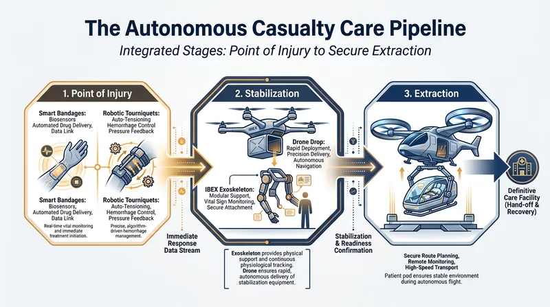 The proposed pipeline for autonomous combat medicine removes human medics from the highest-risk zones.