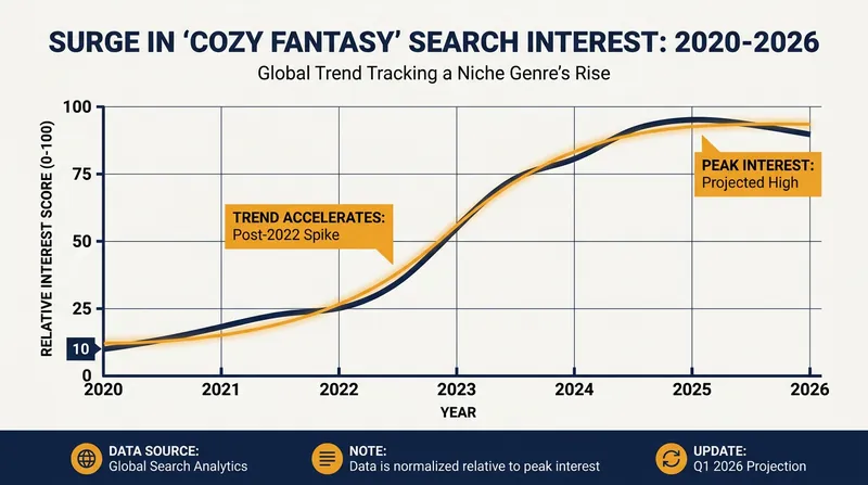 Search interest for cozy fantasy skyrocketed following the genre's breakout in 2022.