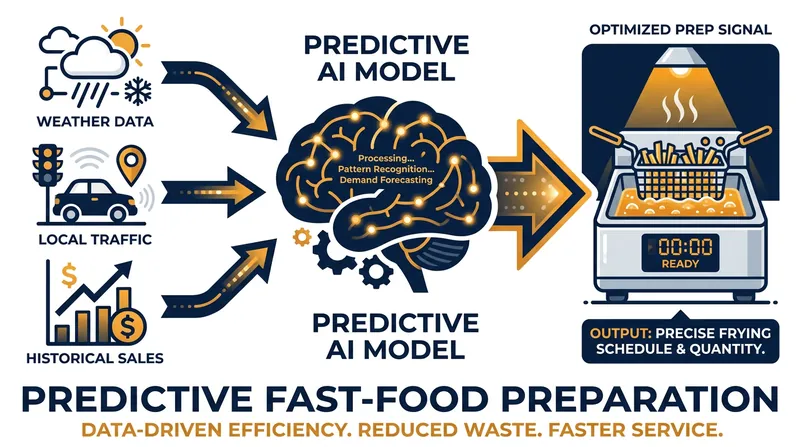 AI systems analyze external variables like weather and traffic to dynamically adjust kitchen production.