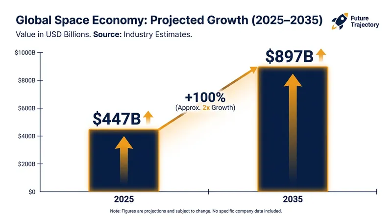 Driven by cheaper access to orbit, the global space economy is projected to double over the next decade.