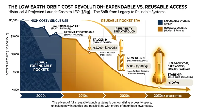 The evolution of launch vehicle reusability has driven the cost per kilogram to orbit to historic lows.