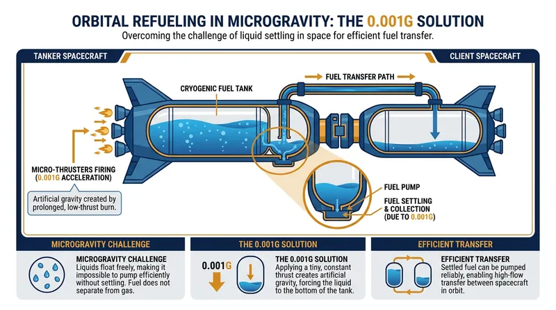 Settling thrusters create micro-acceleration to manage floating cryogenic fluids during orbital refueling.