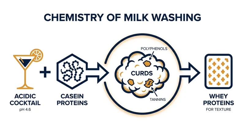 At a pH of 4.6, casein proteins denature and bind to harsh compounds in the spirit.