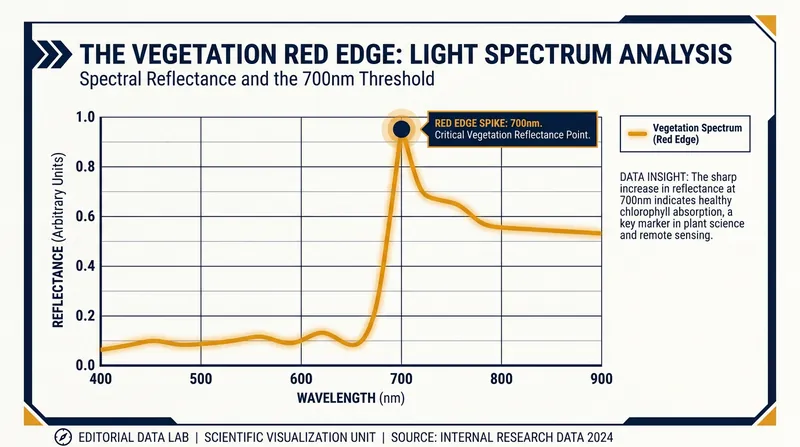Chlorophyll sharply reflects infrared light beyond 700 nanometers, creating a distinct biosignature known as the vegetation red edge.