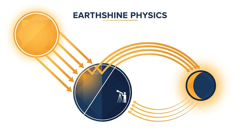 Earthshine is created by a triple journey of light: from the Sun, to Earth, to the Moon, and back again.