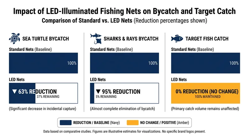 Controlled trials demonstrate that illuminated nets drastically reduce megafauna entanglement while maintaining commercial catch rates.