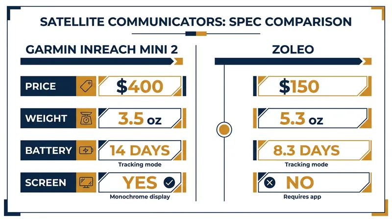 A side-by-side look at the core specifications for the Garmin inReach Mini 2 and Zoleo.