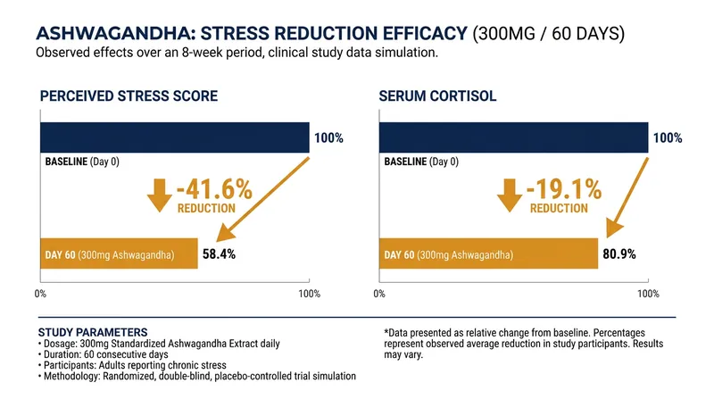 Recent clinical trials demonstrate significant reductions in both perceived stress and physiological cortisol levels following 60 days of standardized ashwagandha supplementation.