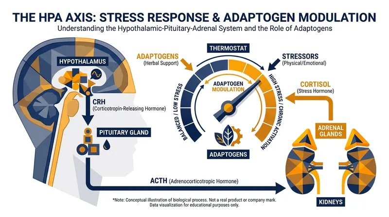 Adaptogens act on the HPA axis, functioning like a biological thermostat to upregulate or downregulate cortisol production as needed.