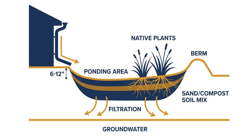 The anatomy of a rain garden: how shallow basins and deep-rooted native plants work together to filter stormwater.