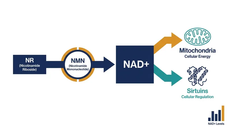 How the body converts precursors like NR and NMN into cellular energy.