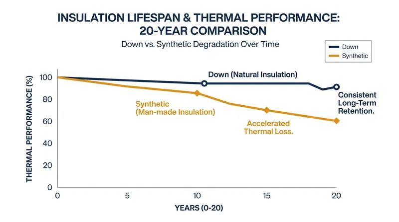 With proper care, down insulation maintains its loft and thermal efficiency far longer than synthetic alternatives.