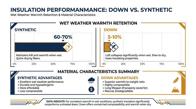 Synthetic insulation retains significantly more warmth when saturated with water.