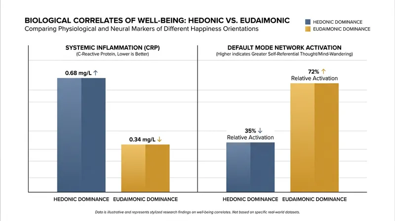 Research indicates that eudaimonic well-being is uniquely associated with lower systemic inflammation and higher temporal brain integration.