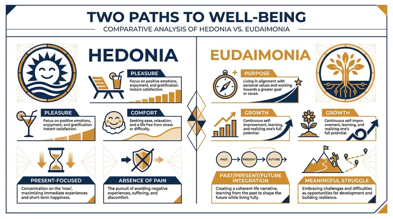 While hedonia focuses on feeling good in the moment, eudaimonia focuses on functioning well over a lifetime.