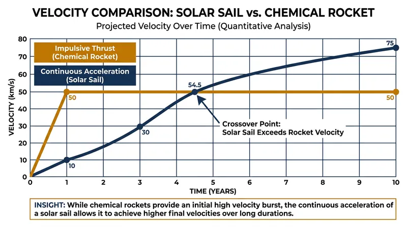 While chemical rockets provide massive initial thrust, the continuous acceleration of a solar sail eventually allows it to reach much higher top speeds.